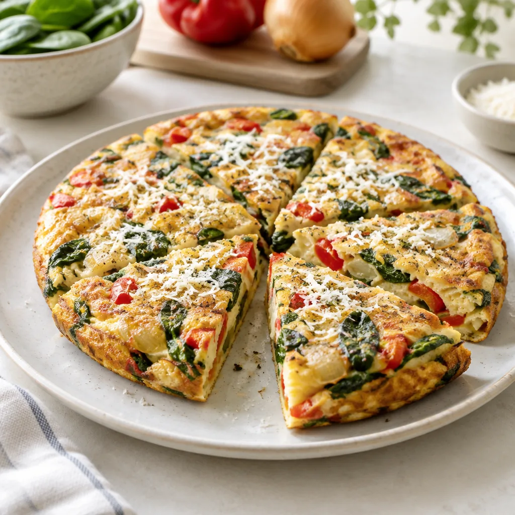 Goudbruine groente-omelet met paprika, spinazie en kaas, in punten gesneden op een bord.