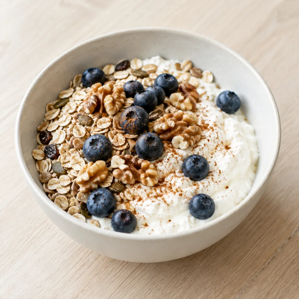 Kom met kwark, blauwe bessen, gehakte walnoten, muesli en een snufje kaneel