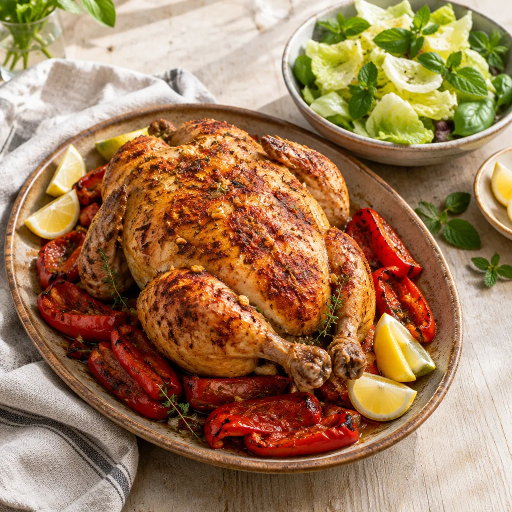 Goudbruin geroosterde hele kip met rode paprika en een salade van ijsbergsla, munt en basilicum