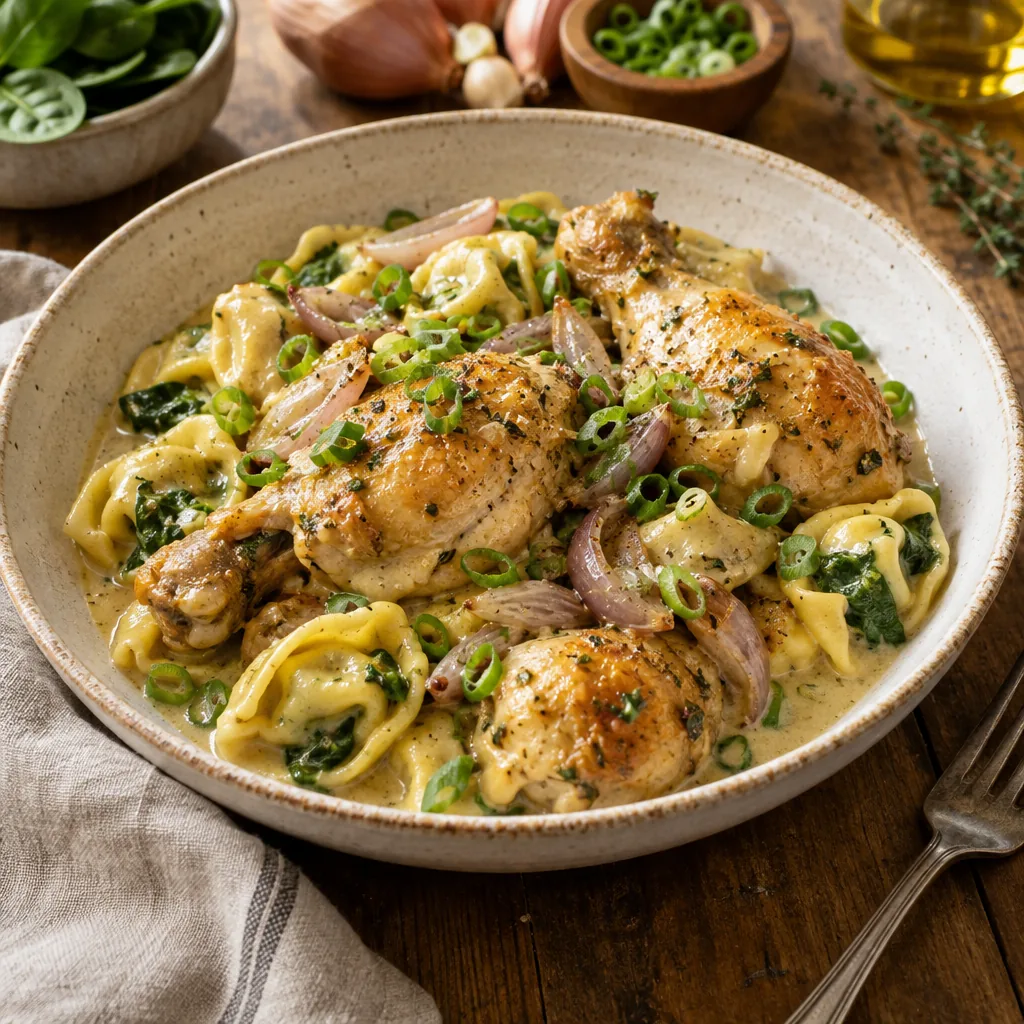 Kippenpoten met romige vierkazensaus, spinazietortellini en bosui in een ondiepe schaal